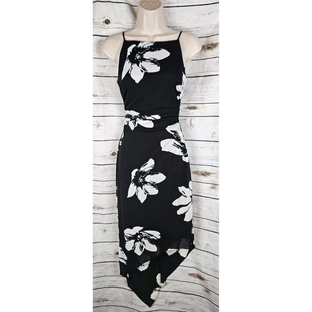 David Meister Black Floral Slip Dress 2 Fairy Y2K 90's Asymmetric Bias